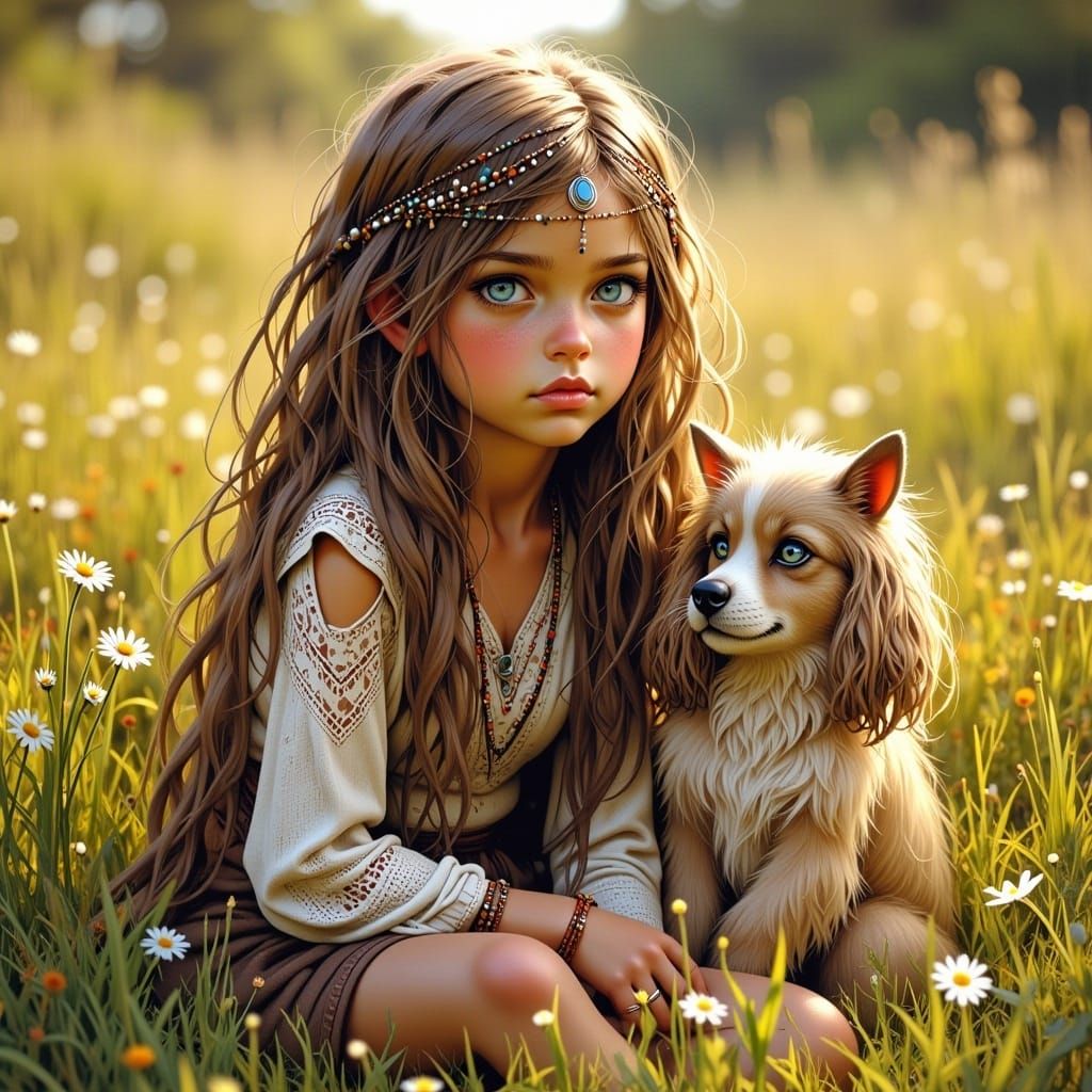Child and Magical Animal in Sunny Meadow