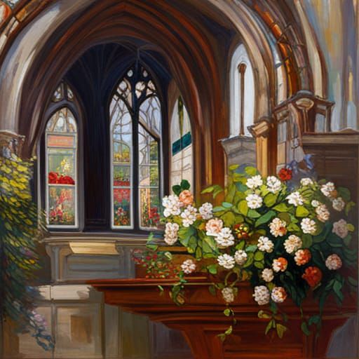 Church Font, Stained Glass, Flowers: Oil Painting