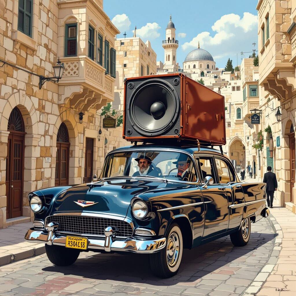 Vintage Funeral Announcement Car in Jerusalem Street