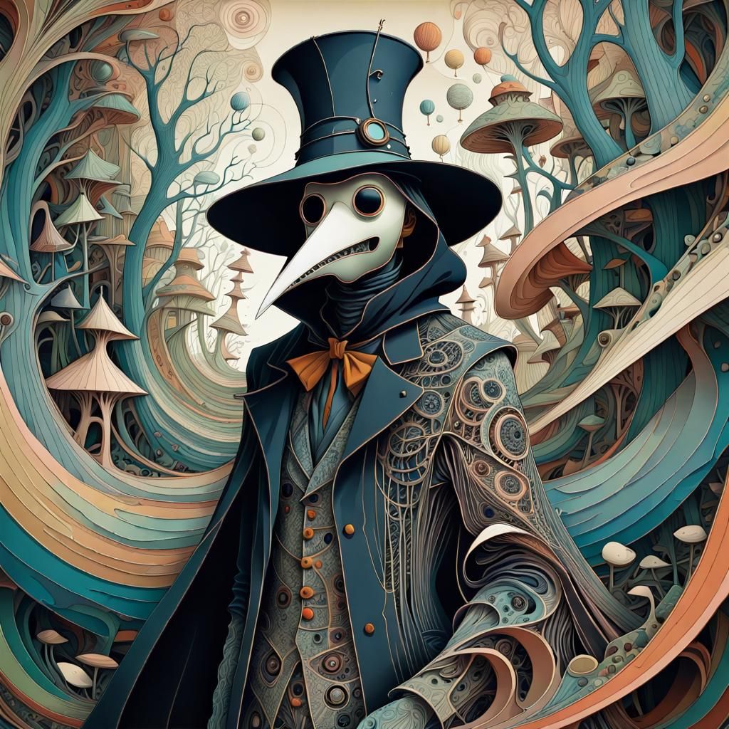 Surreal Plague Doctor in Wonderland, Zentangle Art