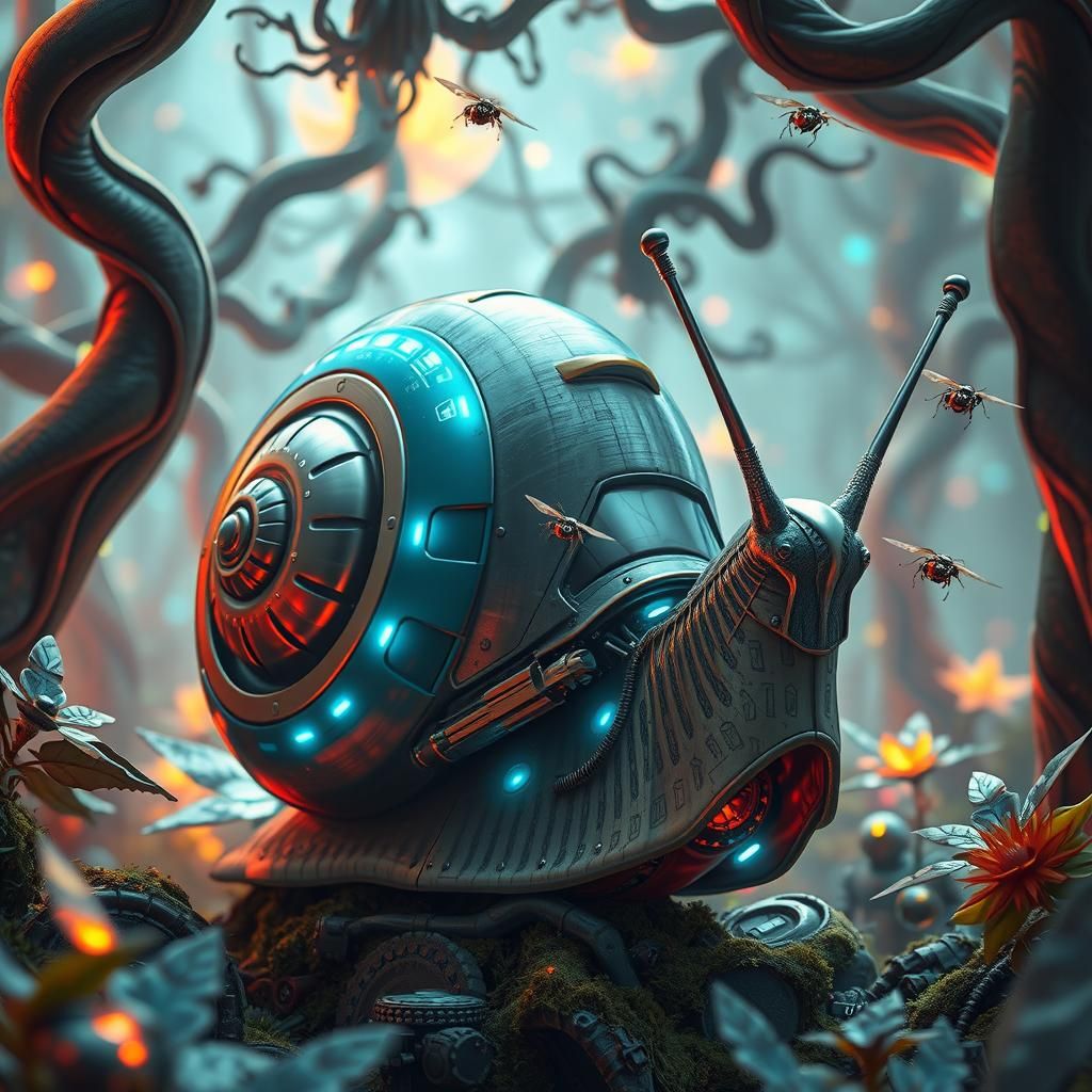 Mechanized Snail in Cyberpunk Futuristic Forest