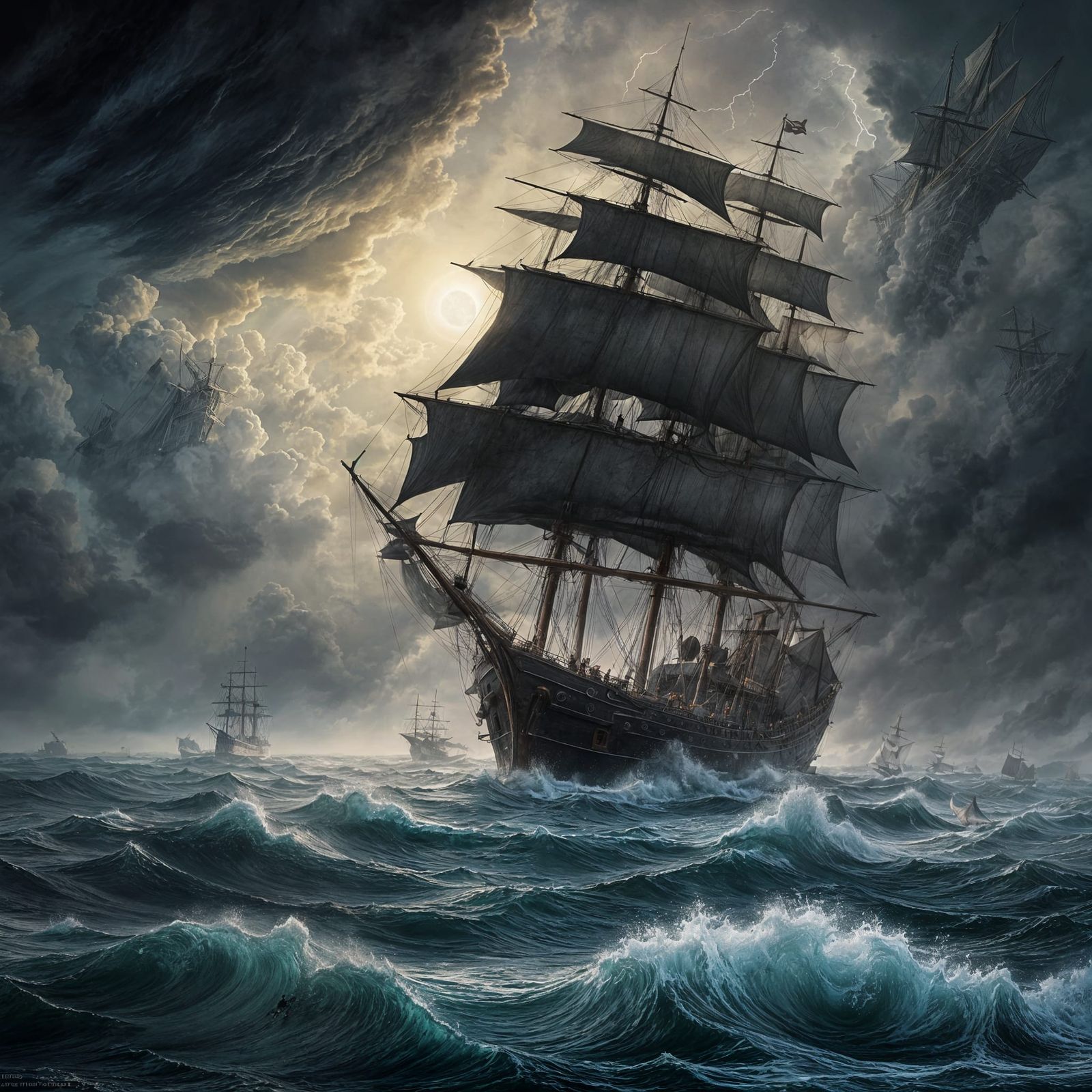 Surreal Stormy Seascape with the Flying Dutchman Ship