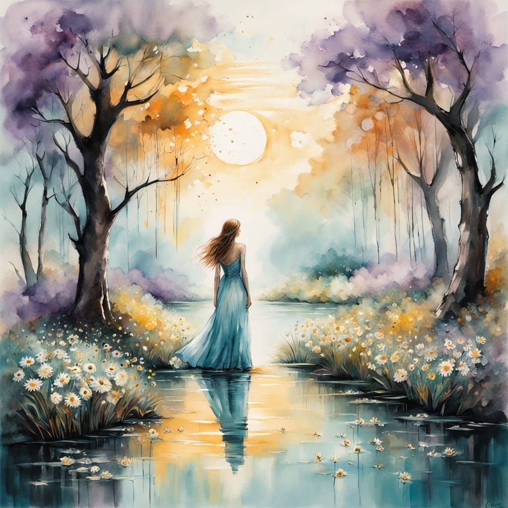 Ethereal Garden with Daisy Woman: Modern Ink Painting