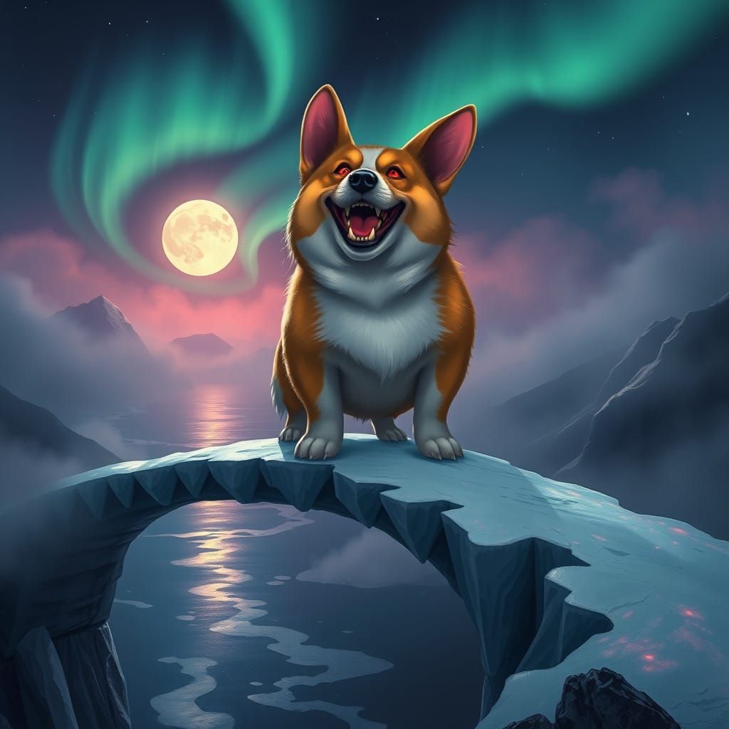 Menacing Corgi Dominates Icy Landscape Under Aurora Borealis