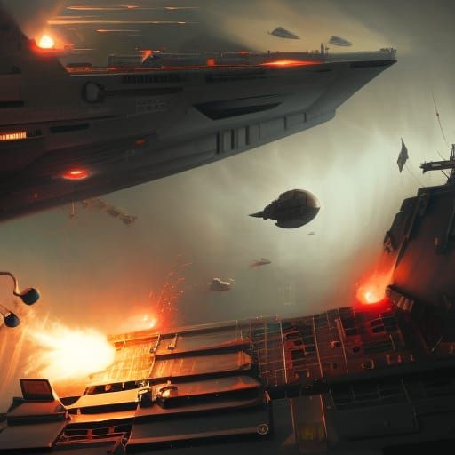 Space Opera Battleship Flight Deck in Dark Fantasy Style