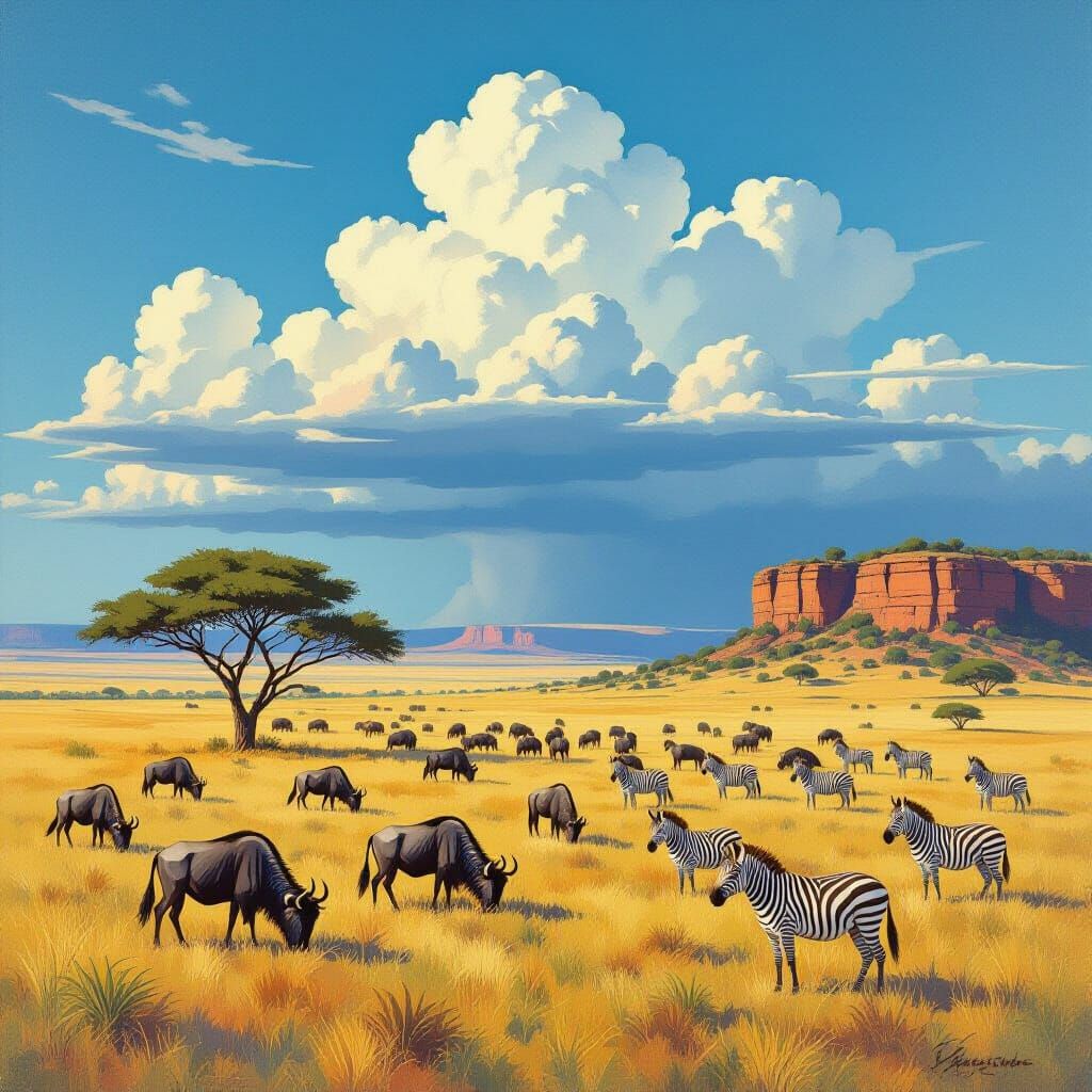 Vast Savannah Landscape with Wildlife and Thunderstorm Cloud...