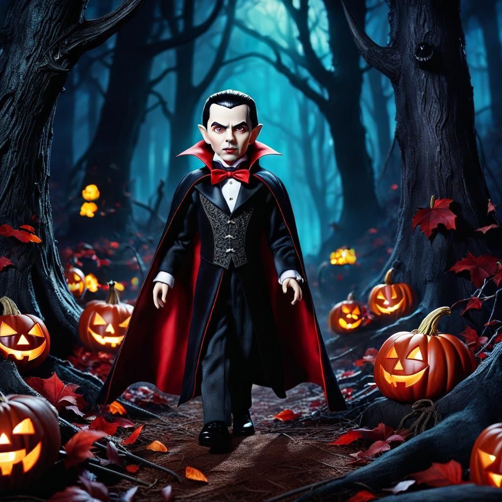 Dracula Doll in Halloween Forest: Watercolor Oil Illustratio...