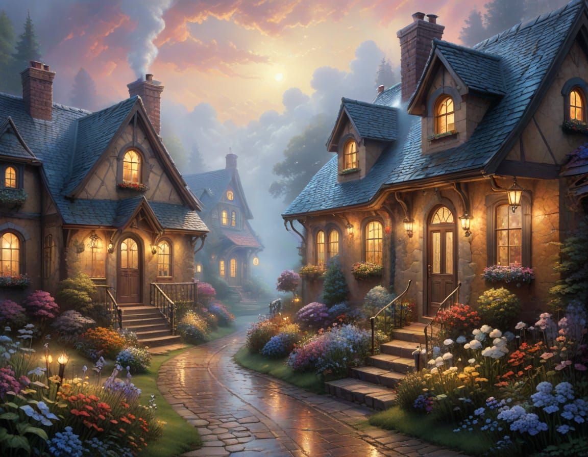 Ethereal Houses Shaped Like Shoes in Misty Fantasy Landscape