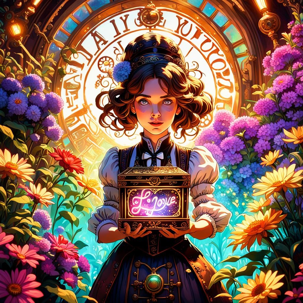 Steampunk Garden Scene with Glowing I Love You Box