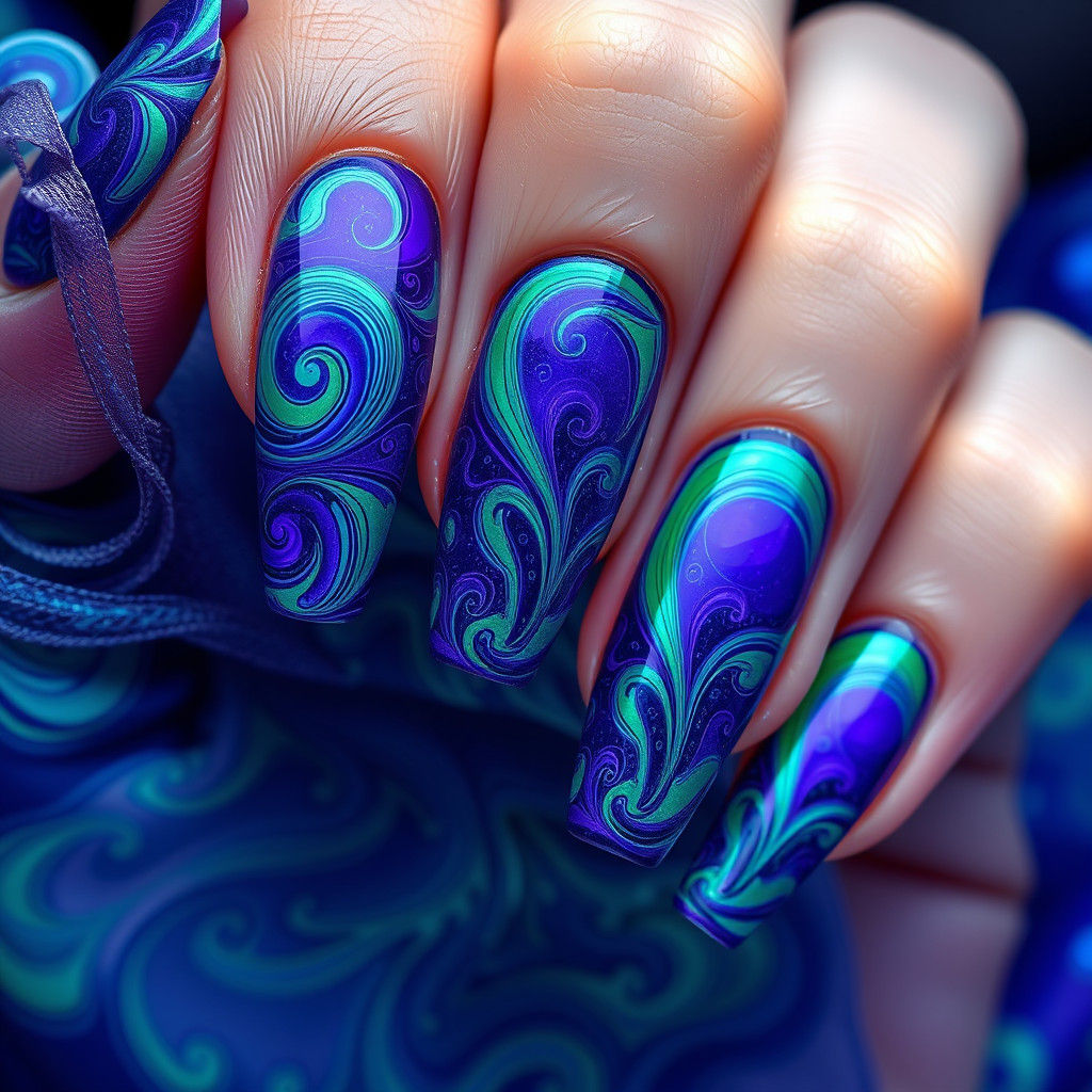 Violet Blue and Green Swirled Fingernail Art