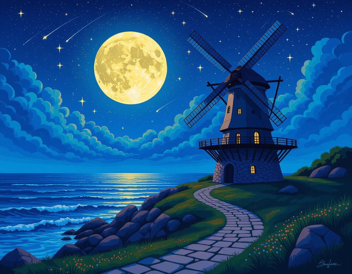 Surreal Windmill by Sea Under Luminous Starry Night