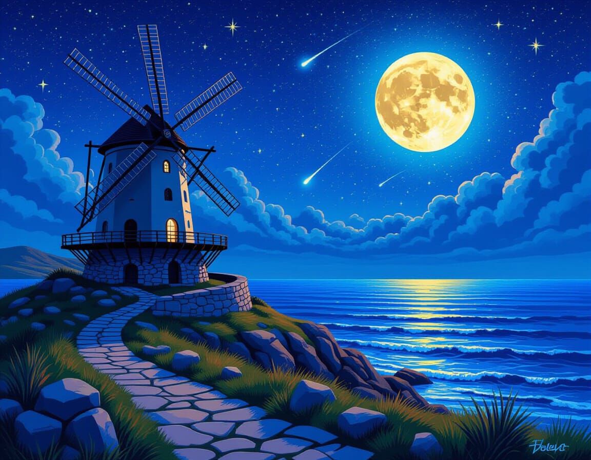 Surreal Windmill by Sea Under Starry Night Sky