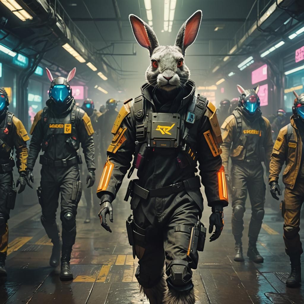 underground, futuristic, dystopian, evolved humanoid rabbit ...