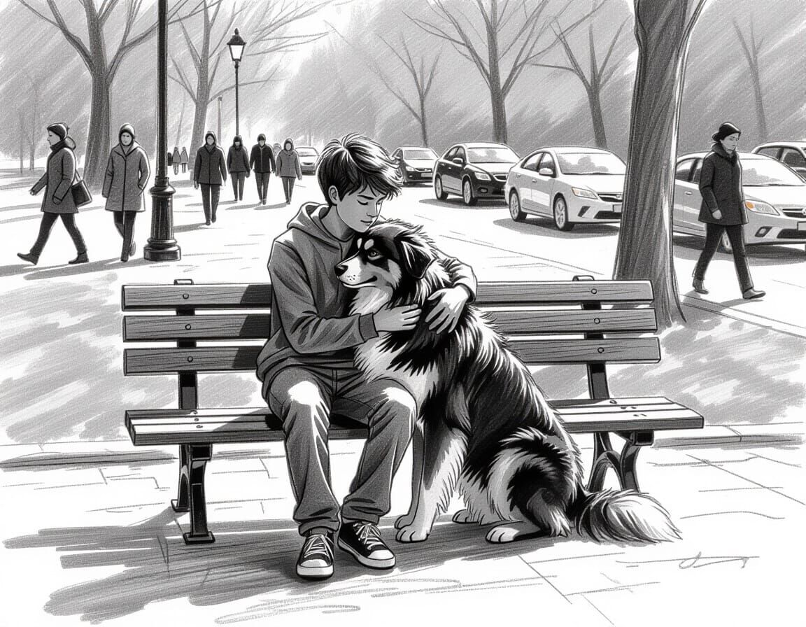 Boy Hugs Dog in Lively Park Sketch
