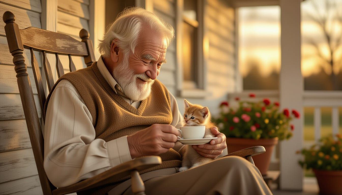 Elderly Man Feeds Kitten on Golden Hour Porch