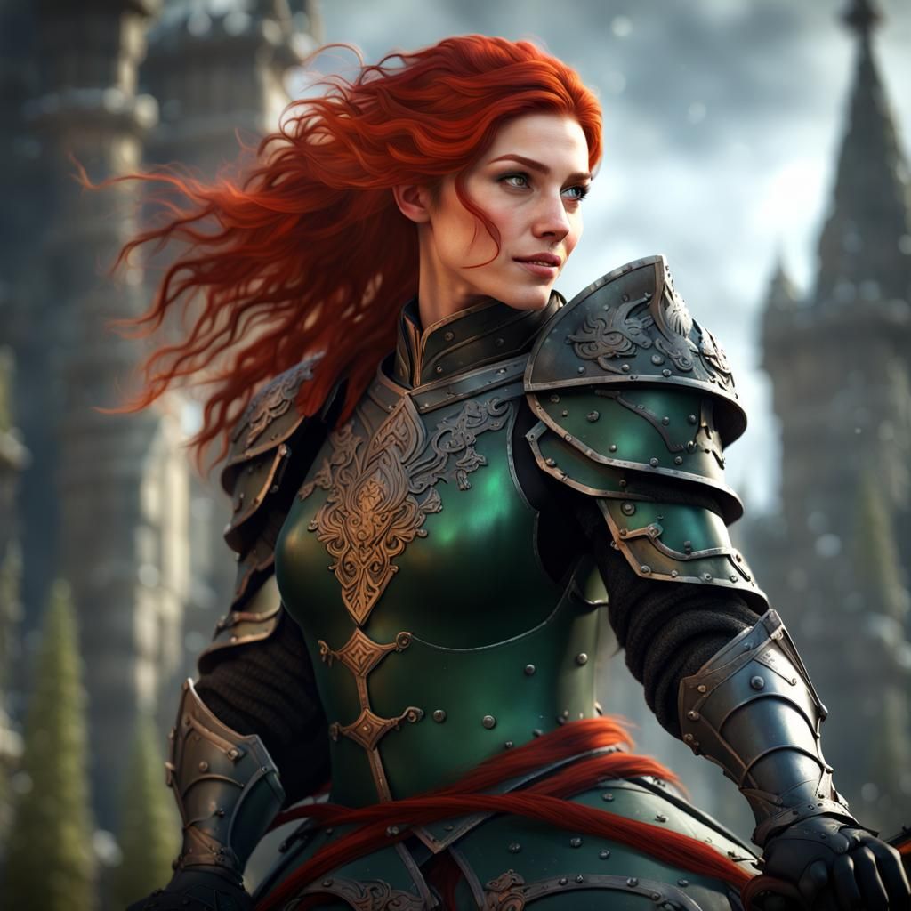 Smiling Red-Haired Paladin on Armored Horse