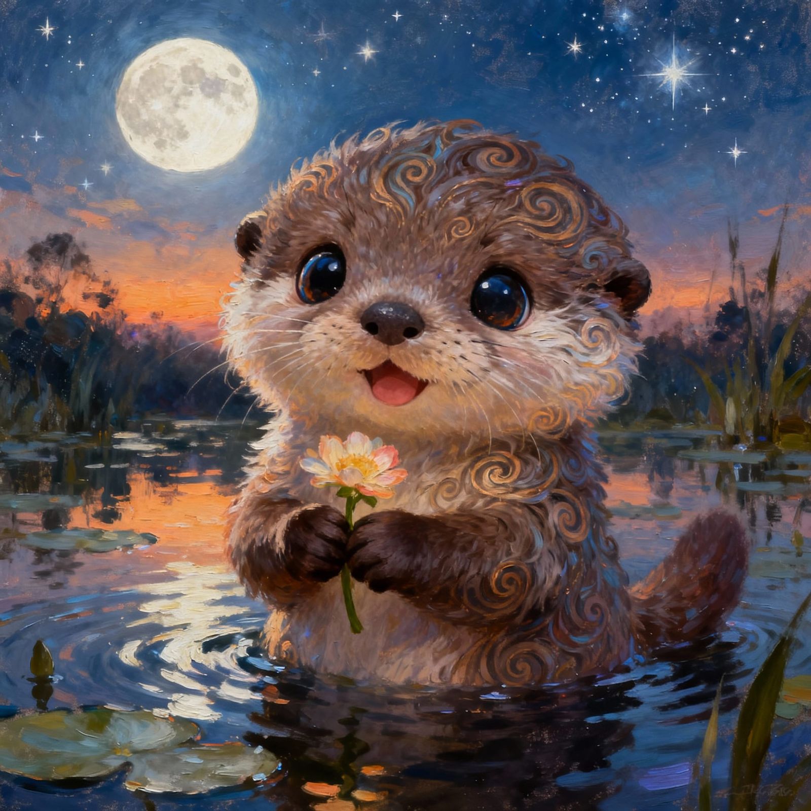 Cute Otter Creature in Moonlit Pond Oil Painting