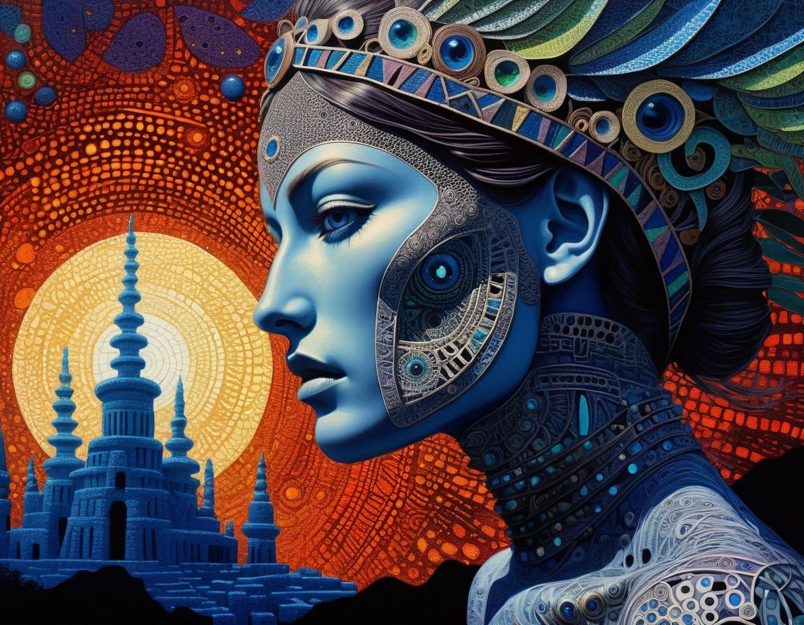 Cybernetic Warrior Amidst Ancient Ruins in Vibrant Chiaroscu...