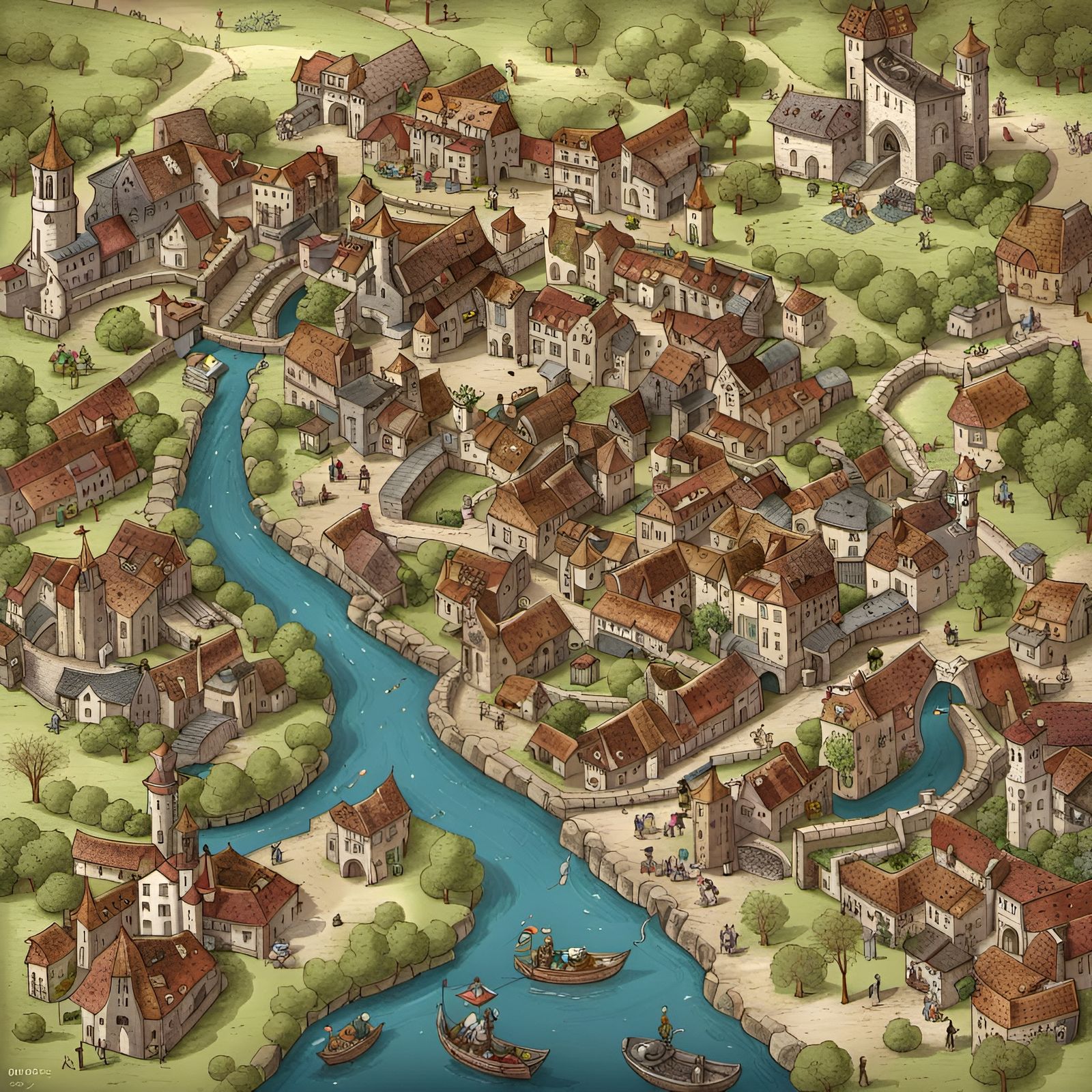 Medieval Town Map in Hand-Drawn Style