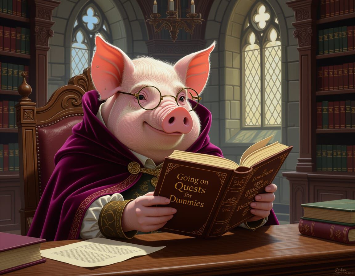 Medieval Pig Reading in Castle Library