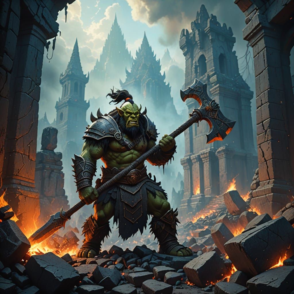 Dark Fantasy Orc Barbarian Ignites Burning Temple Ruins