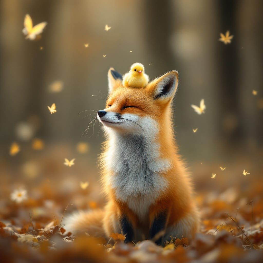 Fox and Chick in Autumn Forest