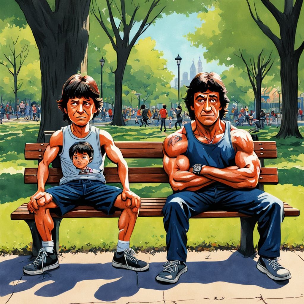 Rambo and Rocky Balboa Caricature on Park Bench