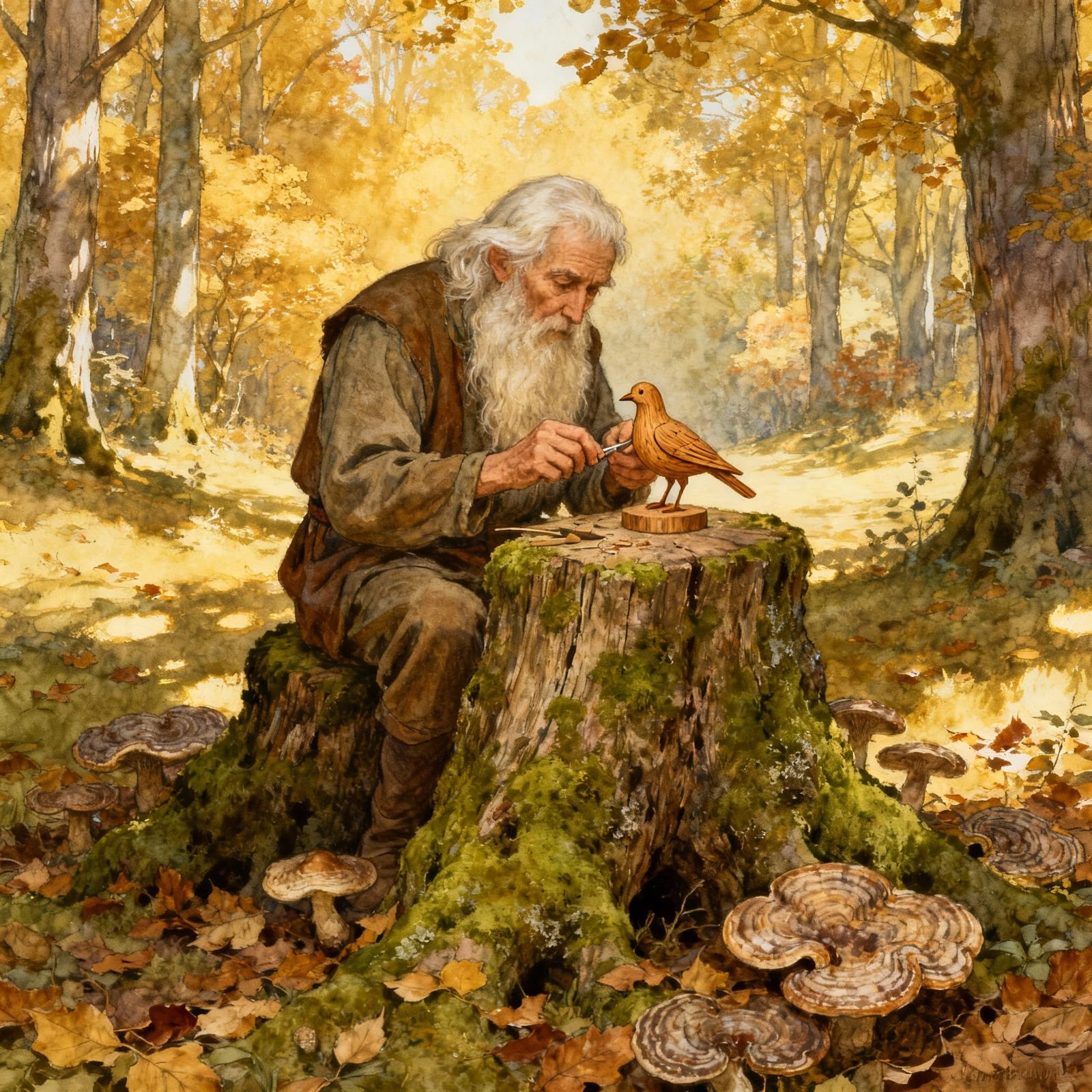 Wise Old Man Carves Wooden Bird in Forest