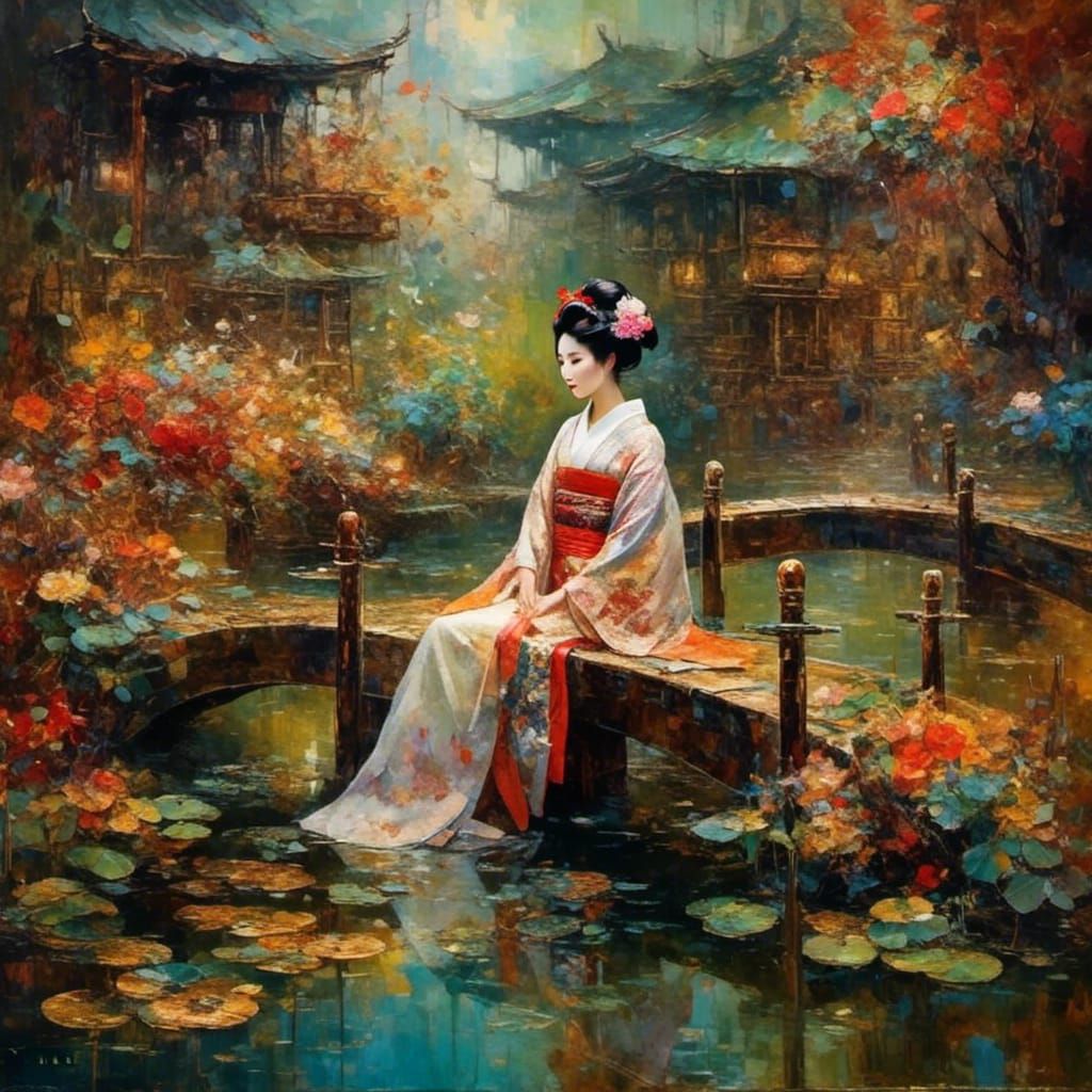 Geisha in Water Garden with Android Aesthetic