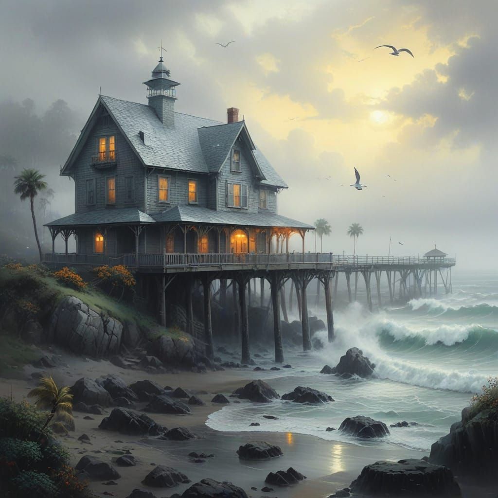Misty Beach House on Stilts in a Stormy Coastal Scene