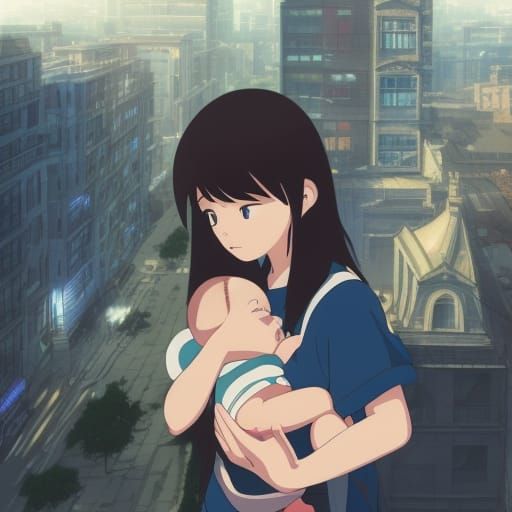 Mother and Child in City: Studio Ghibli Anime
