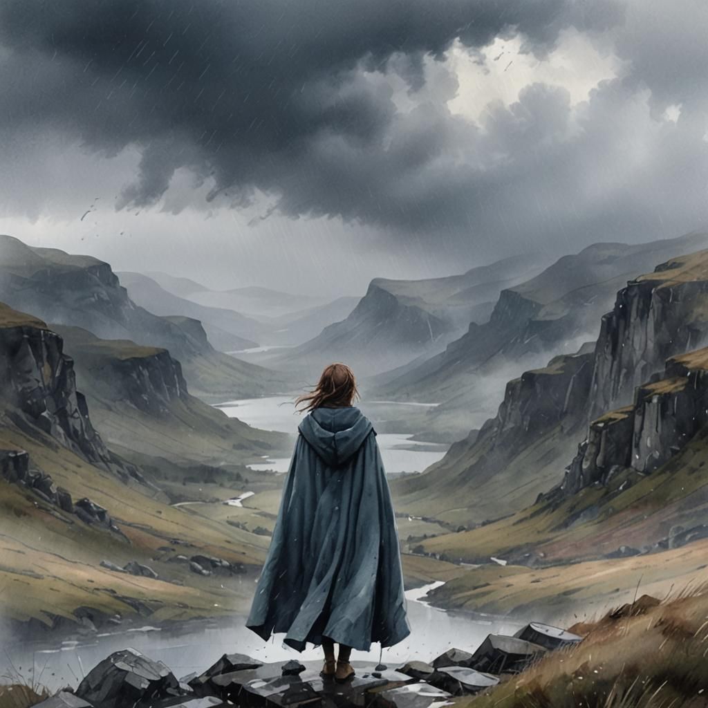 Fragile Girl in Moody Scottish Landscape Concept Art