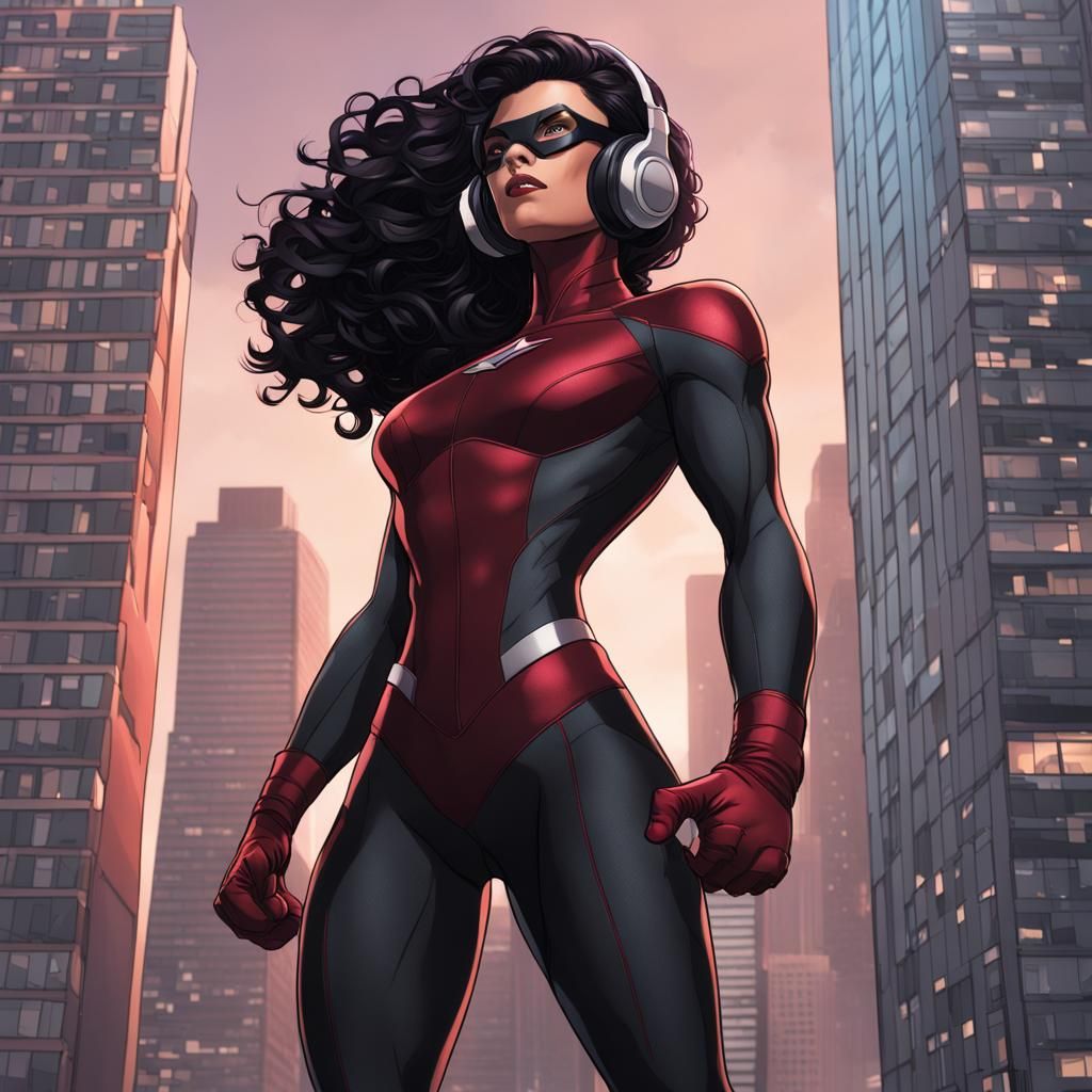 Female Superheroine on City Skyscraper