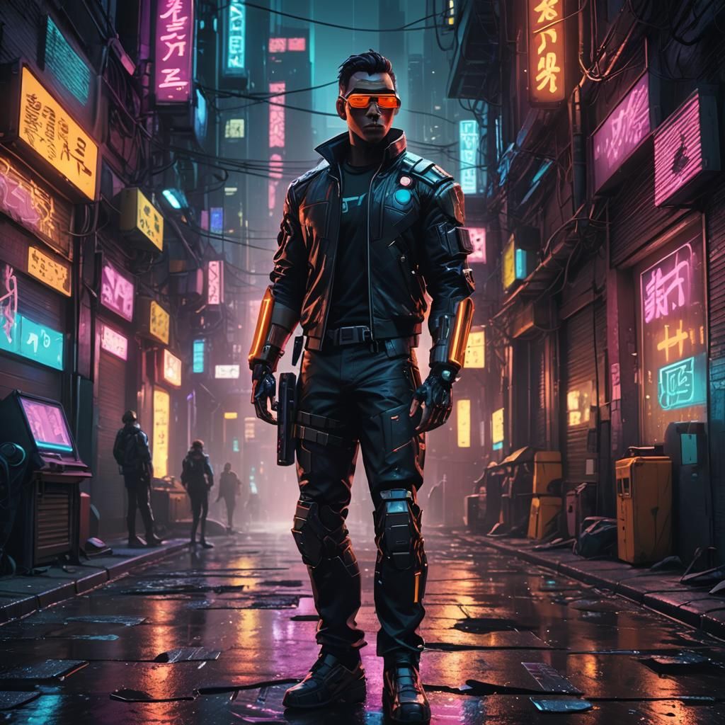 Cyborg in Neon Alley: Cyberpunk Concept Art