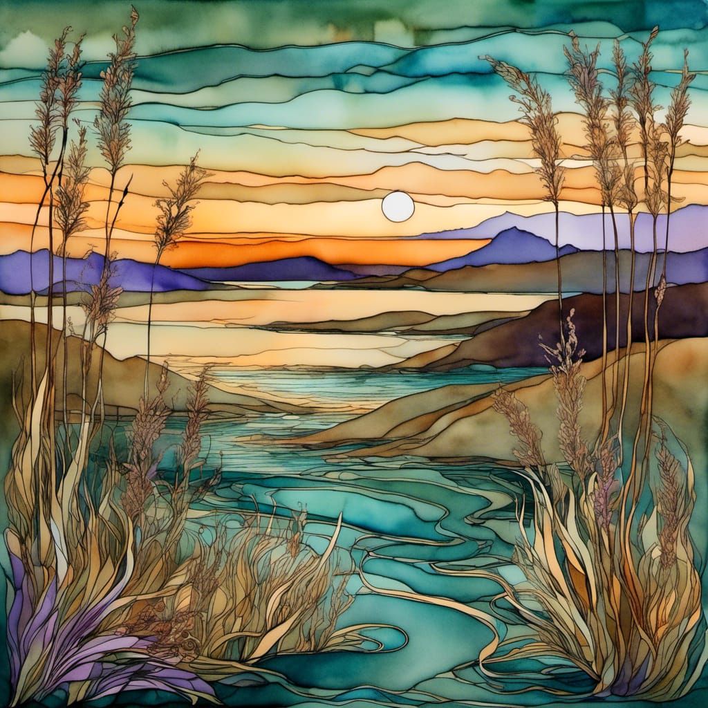 flowing  estuary into sea : vivid dark colors of  sage  green, brown, lavender, peachy brown : swaying grasses and flowe...