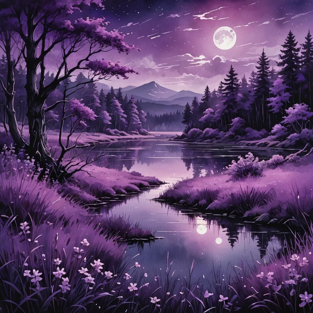 Purple Moonlight Reflective Lake Watercolor Landscape