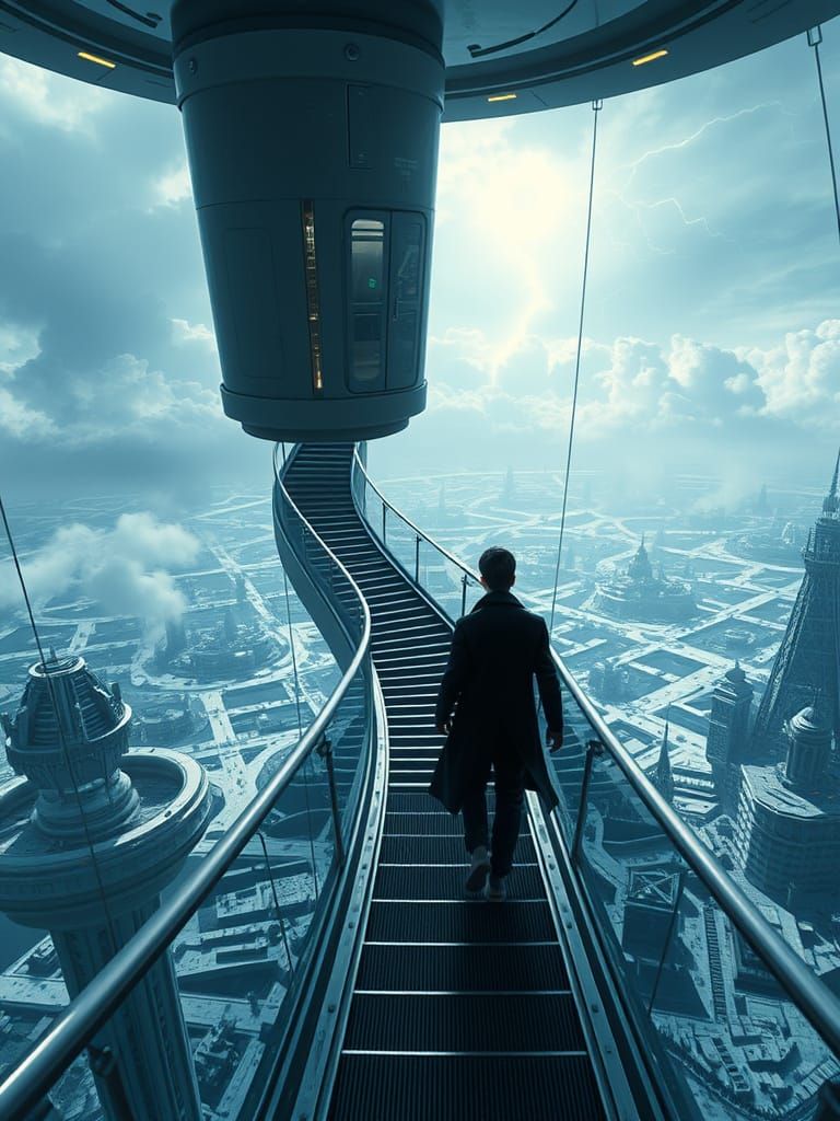 Futuristic Sentinel Descends Observation Tower in Sci-Fi Cit...
