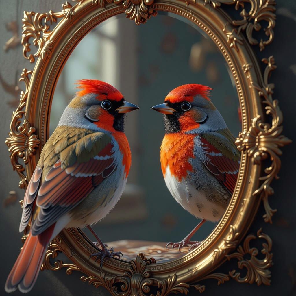 Robin Gazing at Reflection in Ornate Mirror