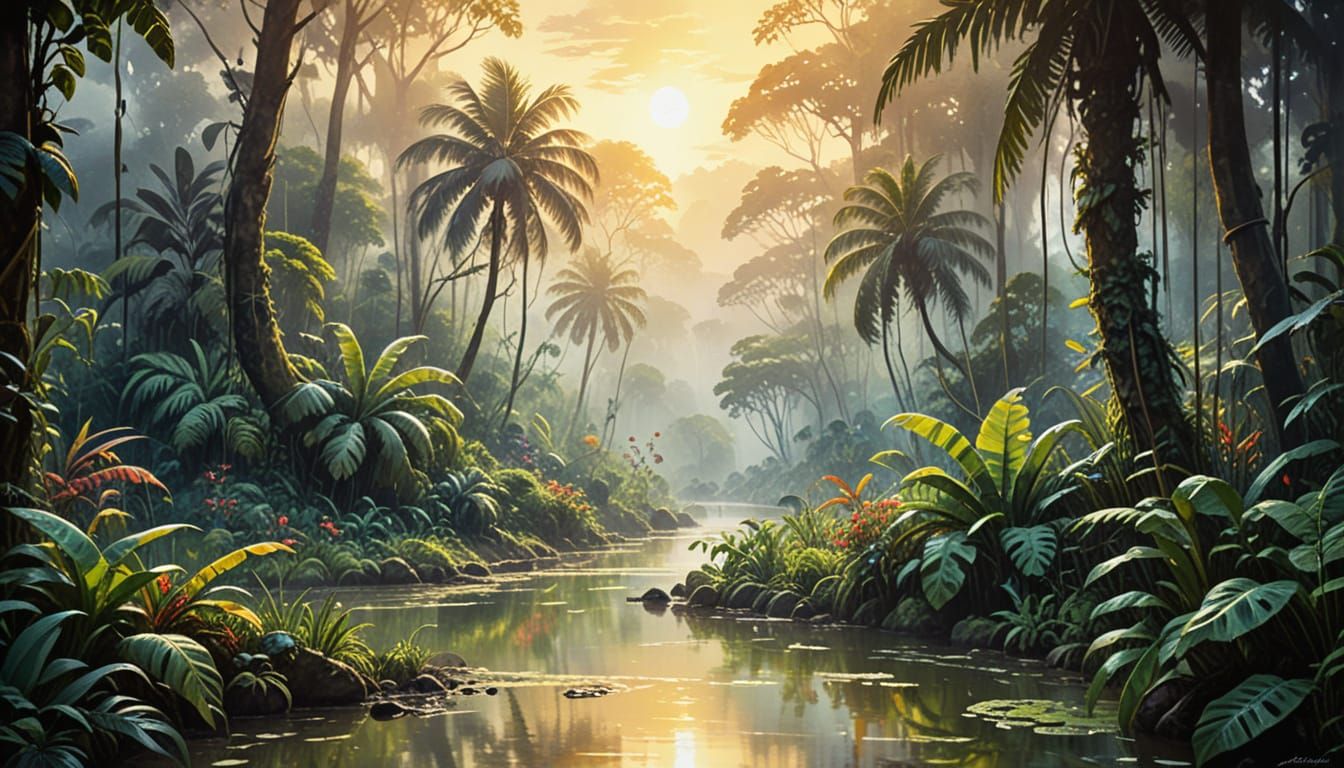 Tropical Indonesian Jungle at Dawn: Watercolor Art