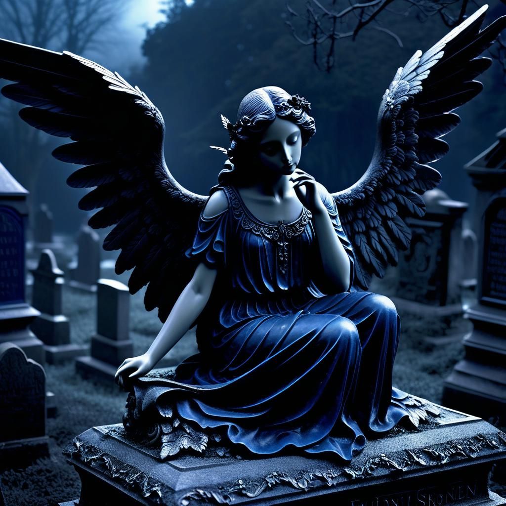 Dark Gothic Angel with Black Wings in Moonlight