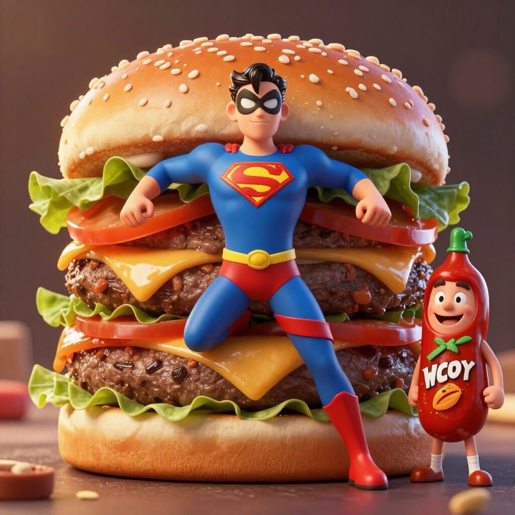 Burger Superhero and Ketchup Boy in Animated 3D Anime Style
