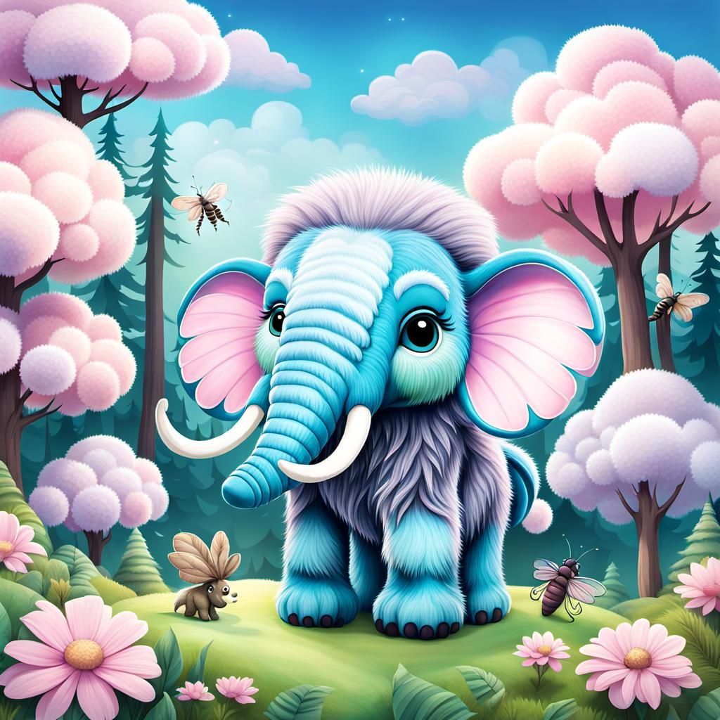 Chibi Woolly Mammoth in Surreal Spring Scene
