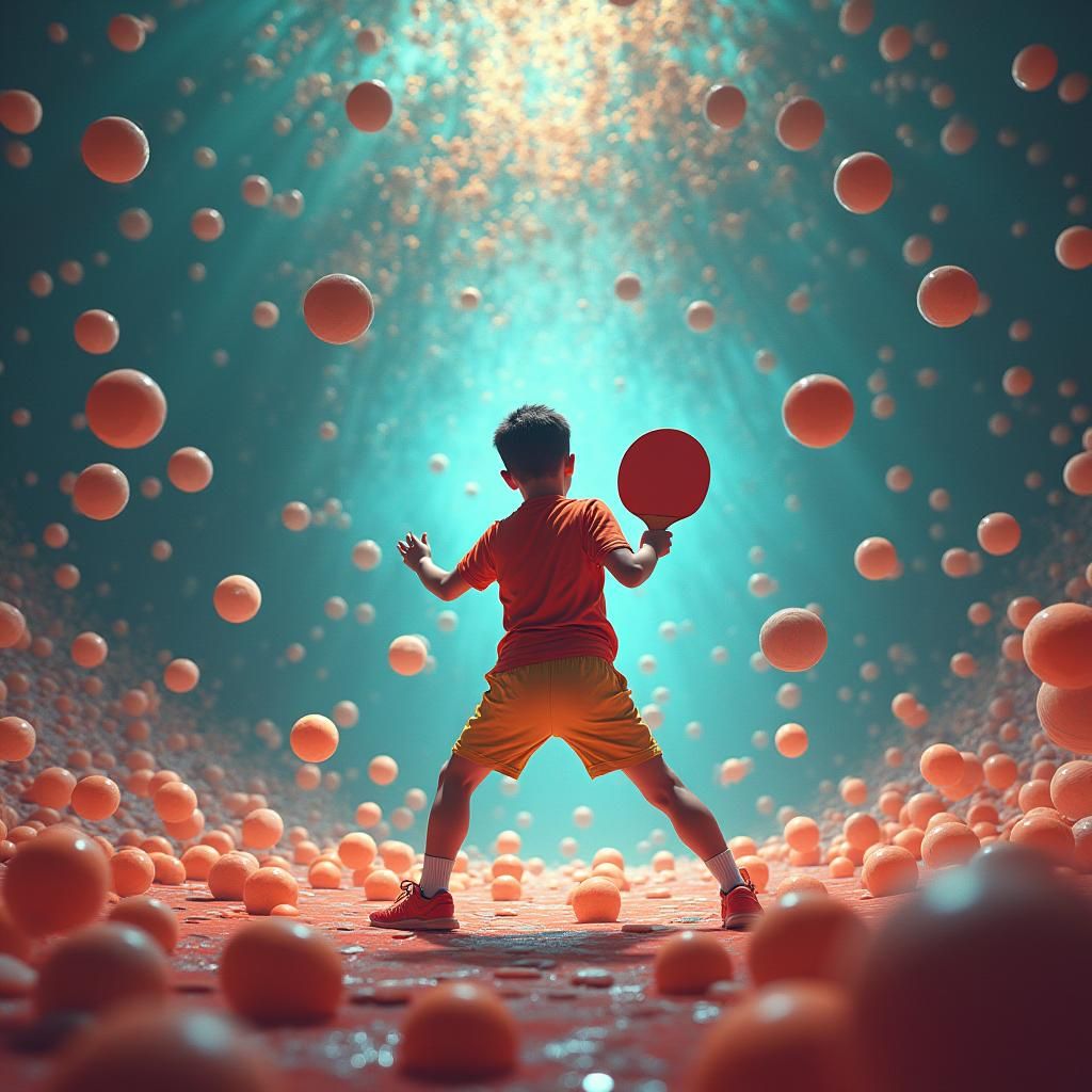 Athlete's Table Tennis Serve in Dreamlike Arena