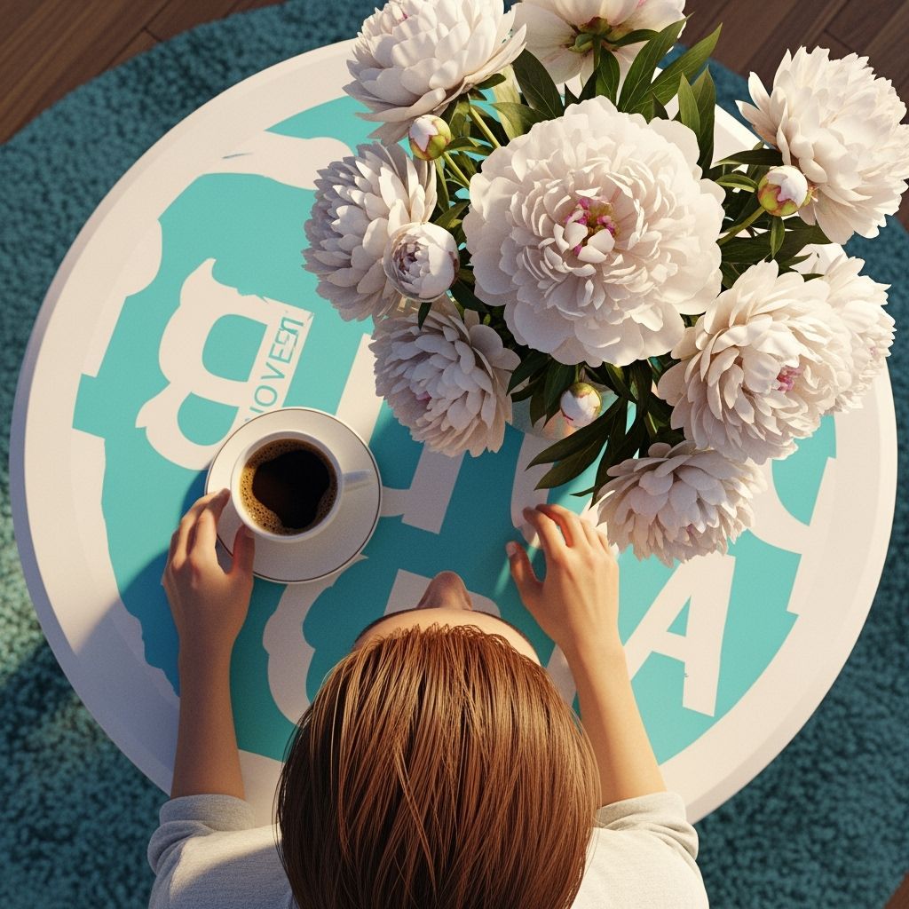Coffee Cup with Peonies on Graphic Table