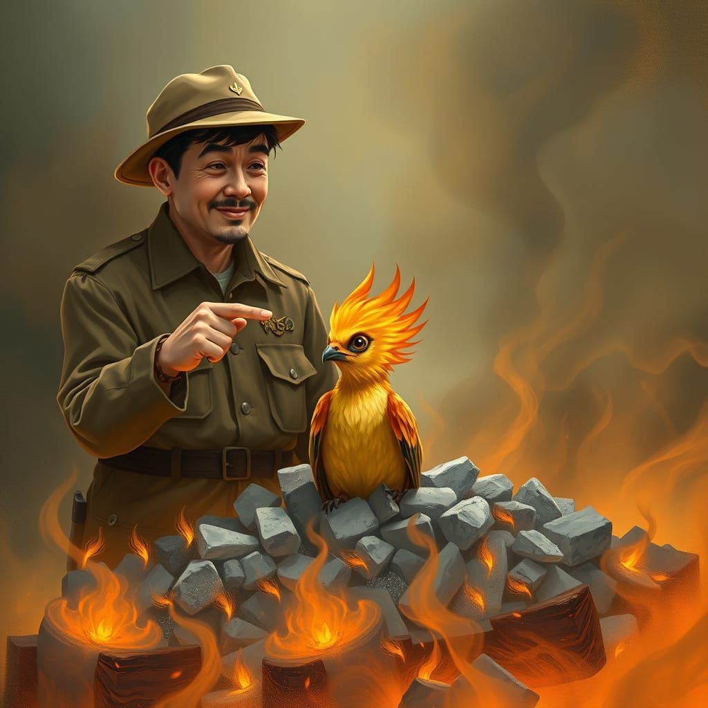 Zookeeper Tenderly Points at Baby Phoenix in Ashes