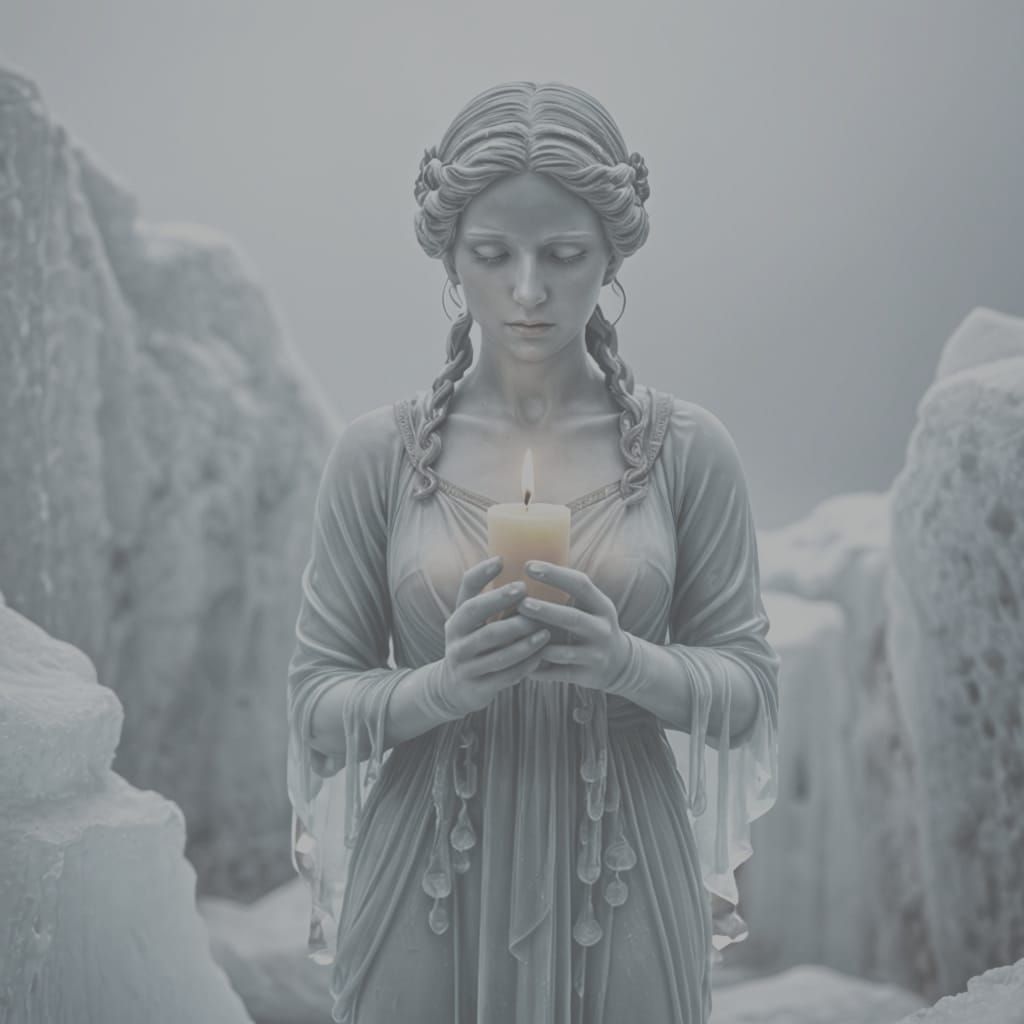 A melting, Roman ice sculpture holding a melting candle