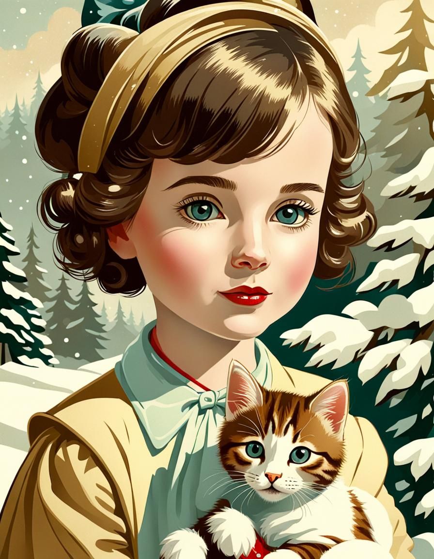 Retro Snow Portrait of Girl with Kitten