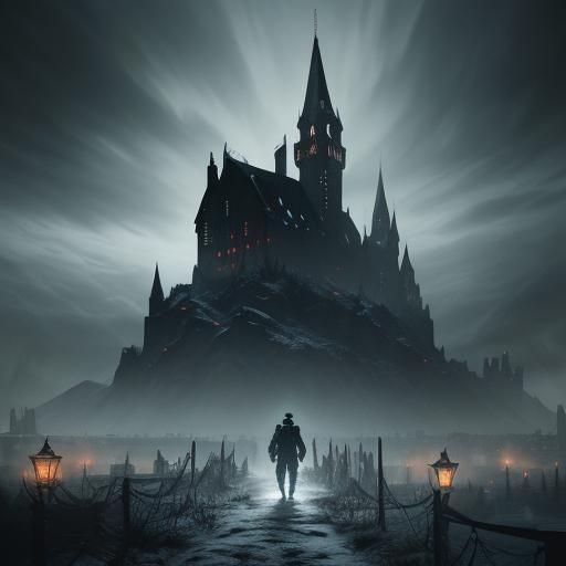 Ethan Winters in Gothic Village: Detailed Matte Painting