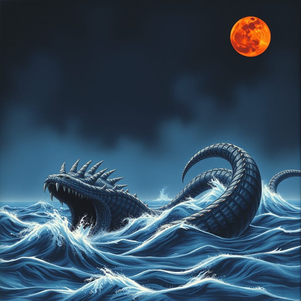 Giant Sea Serpent Under a Blood Moon