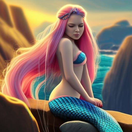 Mermaid with Pink Hair Braiding on a Rock